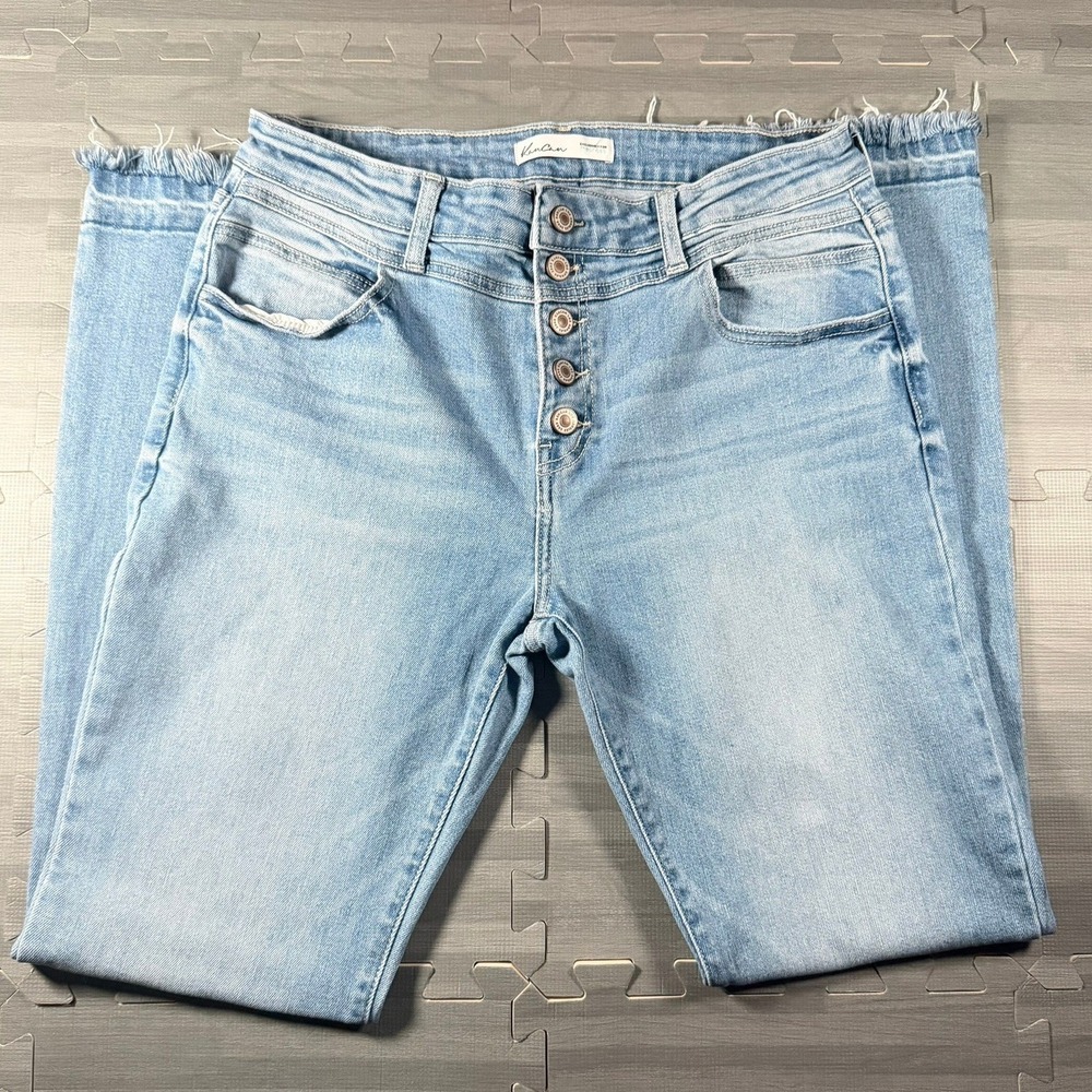 KanCan Jeans Women 31 inch inseam Light Blue High Rise Frayed Hem Button Fly